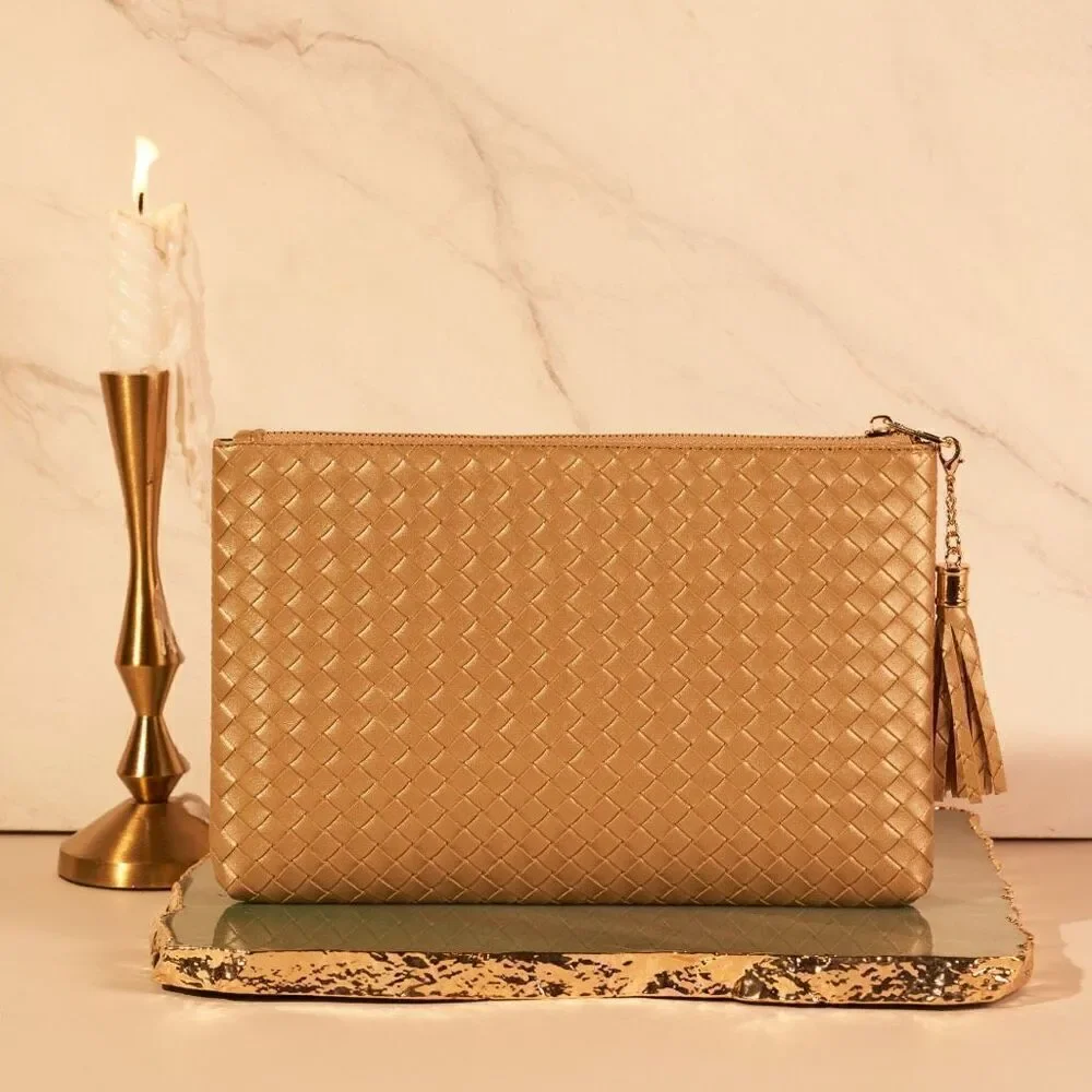 $88 VIRGINIA WOLF Mimi Woven Pouch, Gold